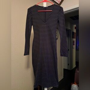 Zara Trafaluc Fall Collection Long Sleeve Navy and Gold Stripe Midi Dress Size S